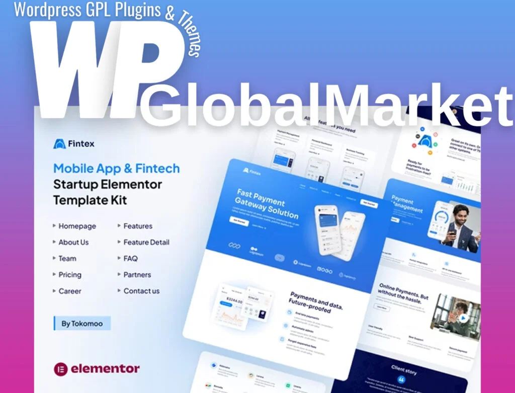 Fintex – mobile app and fintech startup elementor template kit