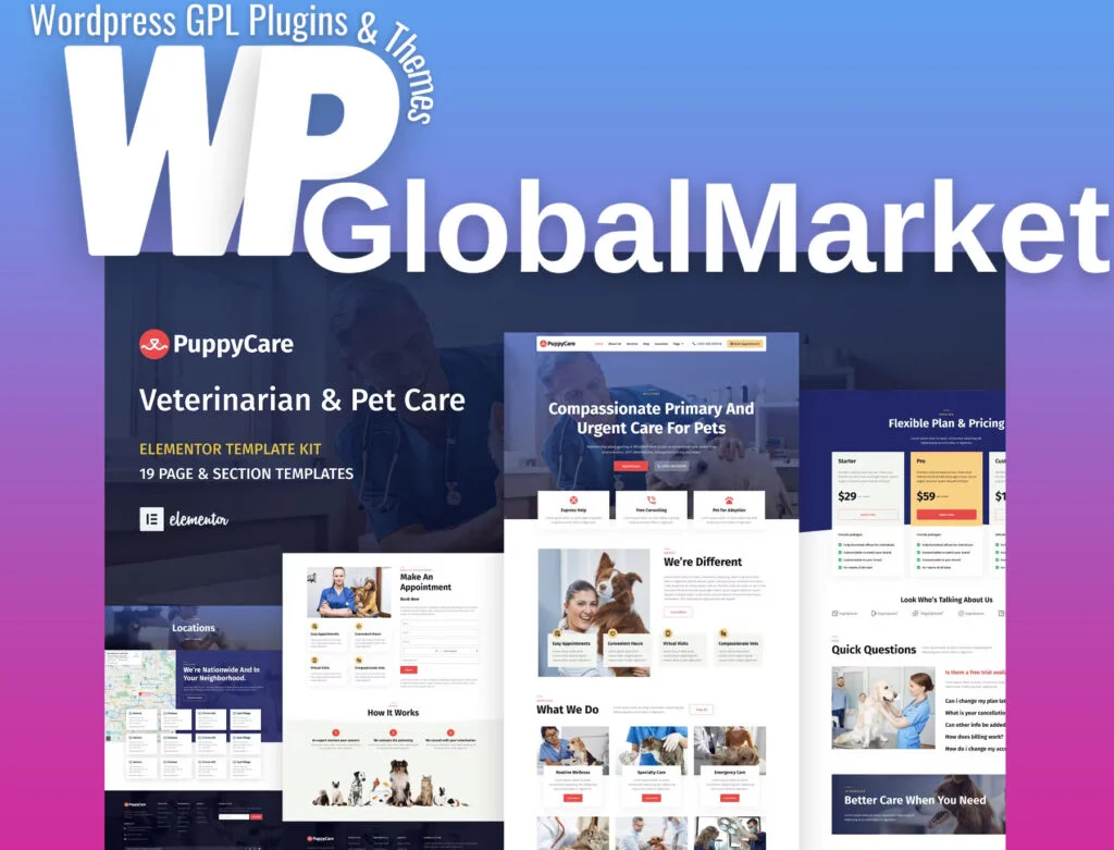 Puppycare – vetenarian and pet care wordpress elementor template kit