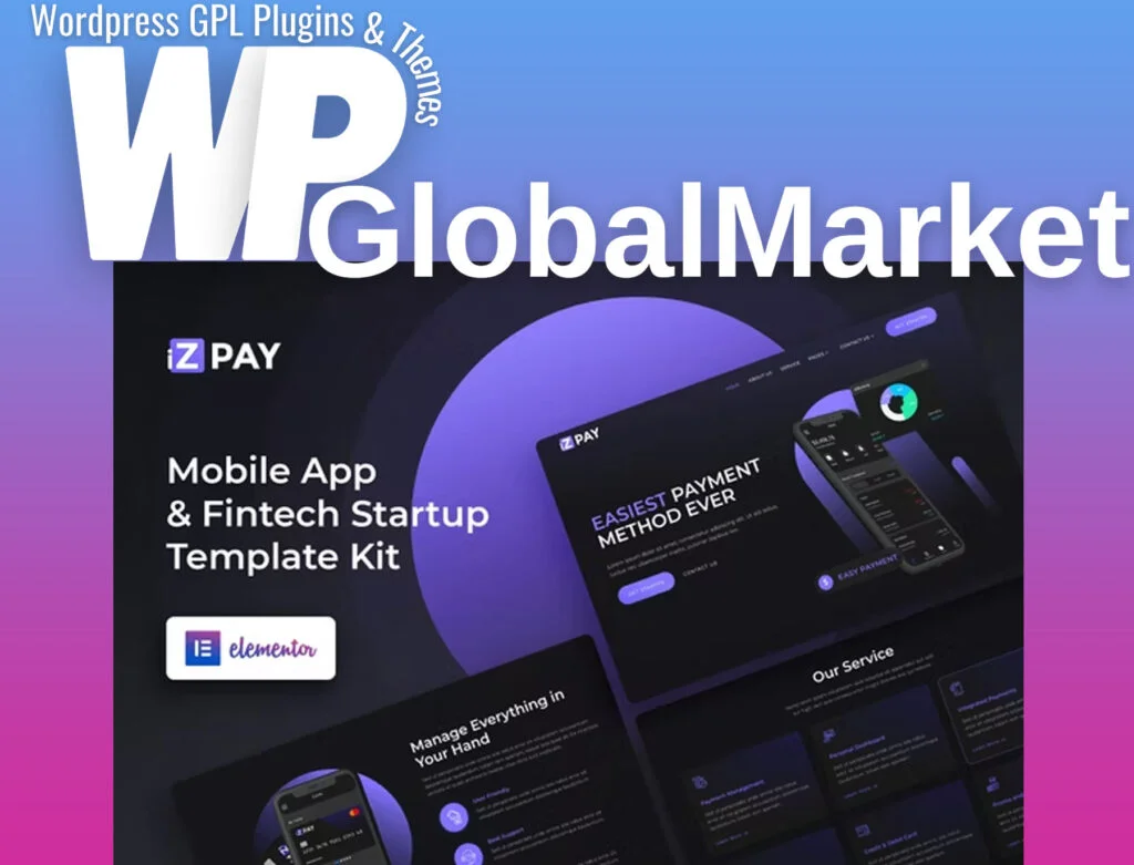 Izpay – mobile app and fintech startup elementor template kit