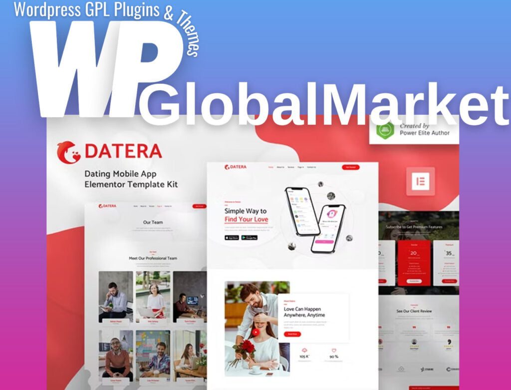 Datera – Online Dating Mobile App Landing Elementor Template Kit