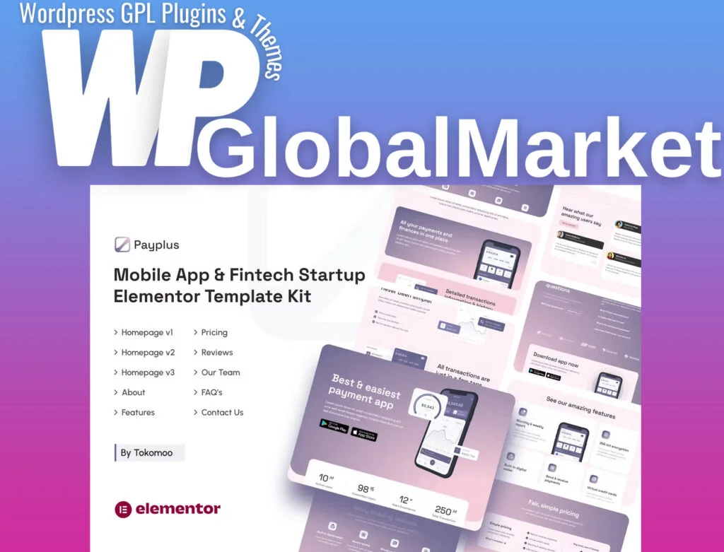 Payplus – mobile app and fintech startup elementor template kit